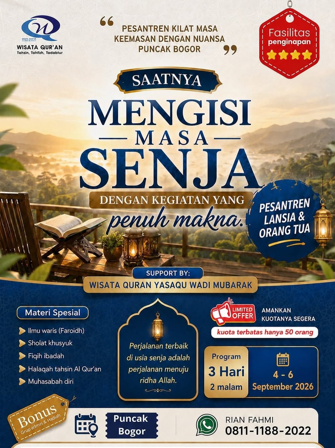 Poster Wisata Qur'an: pesantren kilat lansia dan orang tua bernuansa Puncak Bogor, program tiga hari dua malam