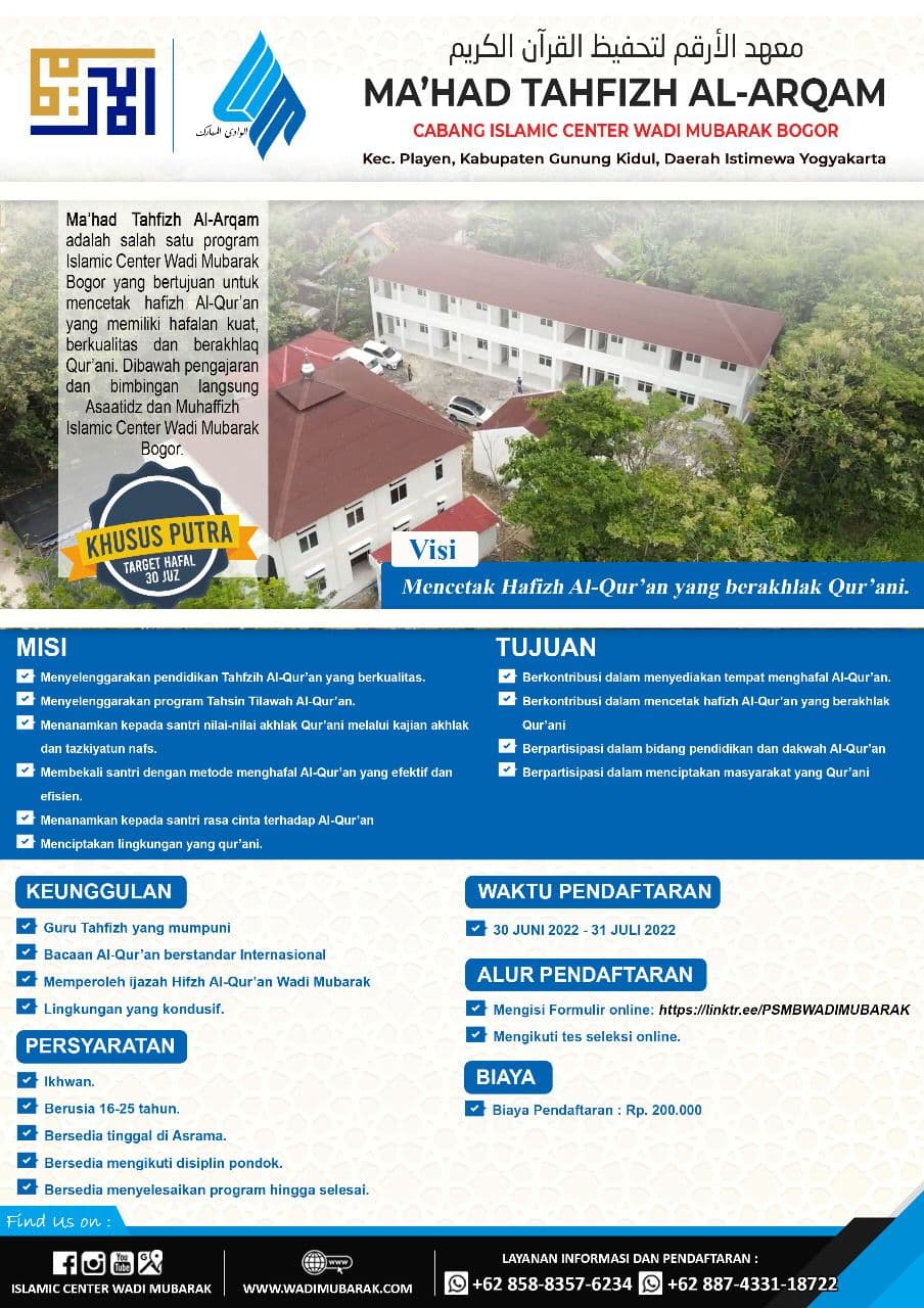 Penerimaan Santri Baru Ma’had Tahfizh Al-Arqam TA. 2022-2023